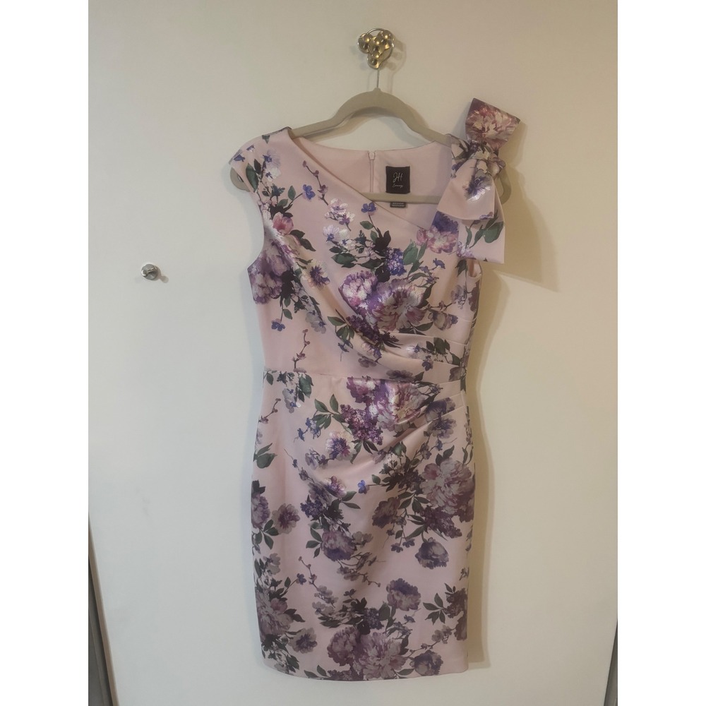 JH Evenings Pink Floral Metallic Bow Shoulder Ruched Sheath Cocktail Dress 8